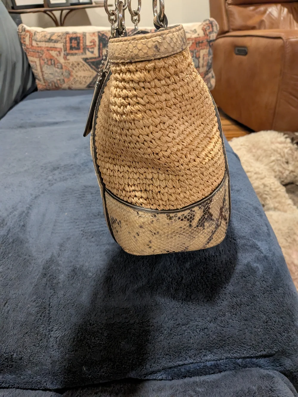COACH Hampton Woven Straw Tote with Snakeskin Trim - Natural